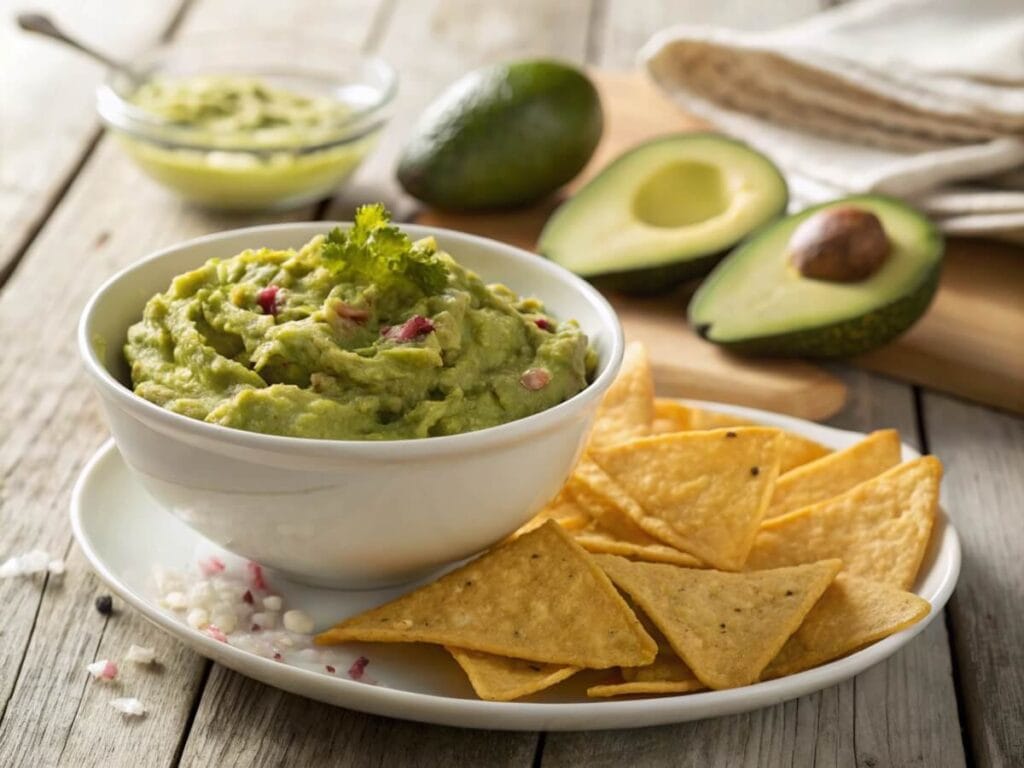 4 ingredient guacamole recipe with chips and avocado on a wooden table