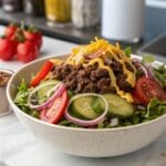 Burger bowl recipe with fresh veggies and ground beef