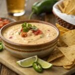 Chipotle queso recipe served with tortilla chips, fresh jalapeños, lime wedges, and pico de gallo