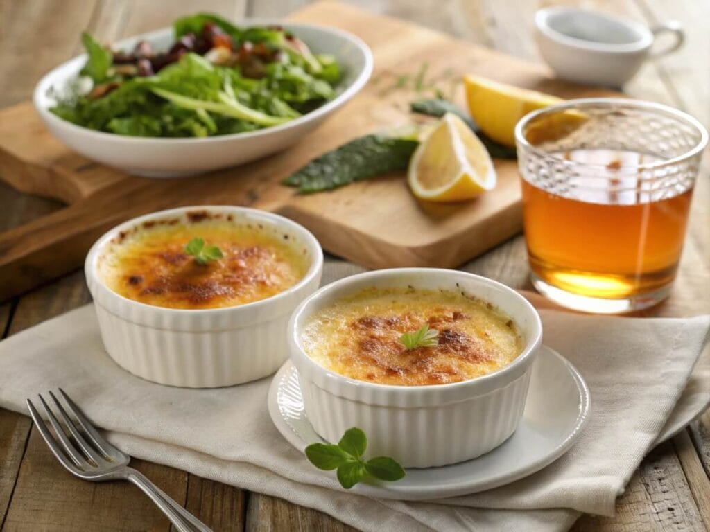 Crab brulee recipe served with caramelized tops, fresh salad, and iced tea