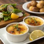Crab brulee recipe with caramelized tops, fresh salad, and baby potatoes