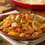Flavorful Pastalaya recipe with chicken, sausage, penne pasta, and fresh vegetable garnishes