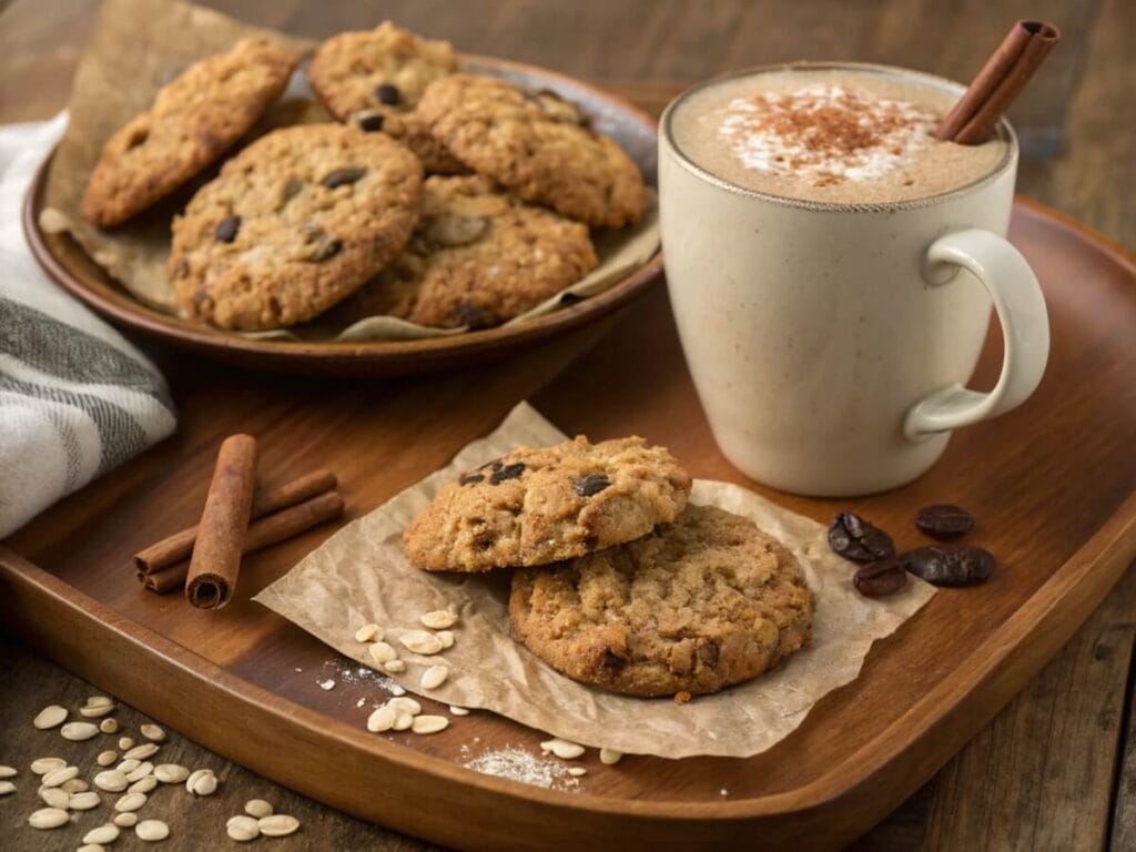 Freshly baked Quaker oatmeal cookies paired with a frothy spiced chai latte garnished with cinnamon a cozy Quaker oatmeal cookie recipe pairing