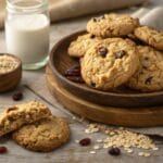 Freshly baked Quaker oatmeal cookies with raisins on a wooden plate, paired with a glass of milk, perfect for the ultimate Quaker oatmeal cookie recipe