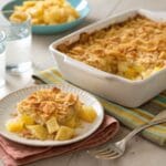 Golden pineapple casserole with a crispy topping and water glasses
