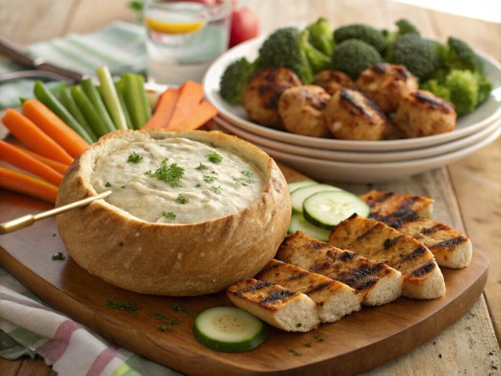Knorr vegetable dip recipe with grilled bread, veggies, and broccoli
