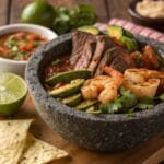 Molcajete recipe with shrimp, grilled meats, and fresh salsa