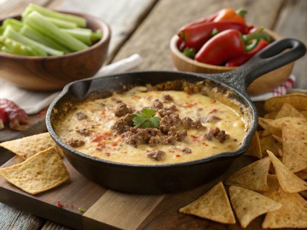 Smoked queso recipe in a cast-iron skillet with tortilla chips, celery sticks, and fresh peppers