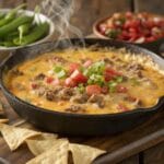 Smoked queso recipe served in a cast-iron skillet with fresh tomatoes, cilantro, and tortilla chips