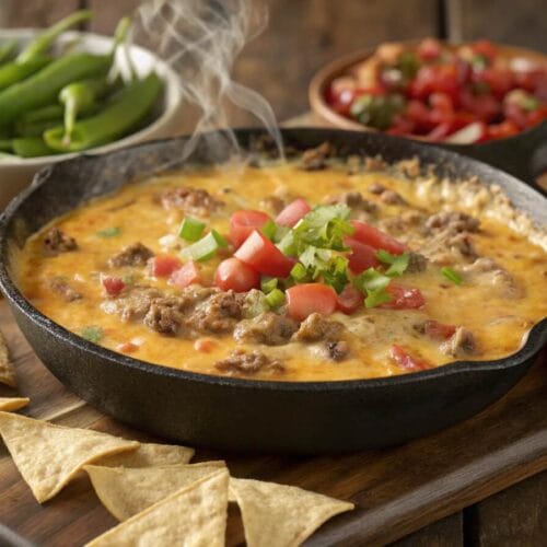 Smoked queso recipe served in a cast-iron skillet with fresh tomatoes, cilantro, and tortilla chips