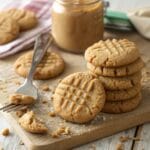 Stacked 4 ingredient peanut butter cookies with a crisscross pattern, served on a wooden board with crumbs and a jar of peanut butter in the background