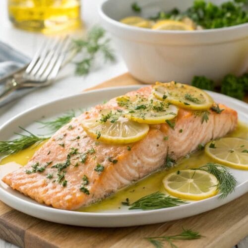 Steelhead trout recipe with lemon and dill garnish