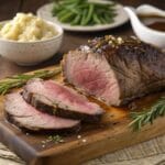 Juicy bottom round roast served with mashed potatoes and green beans