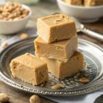 Stacked squares of creamy 3 ingredient peanut butter fudge on a silver plate