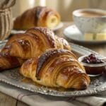 flaky Gipfeli served with jam and butter alongside a cup of coffee, highlighting a classic Gipfeli recipe