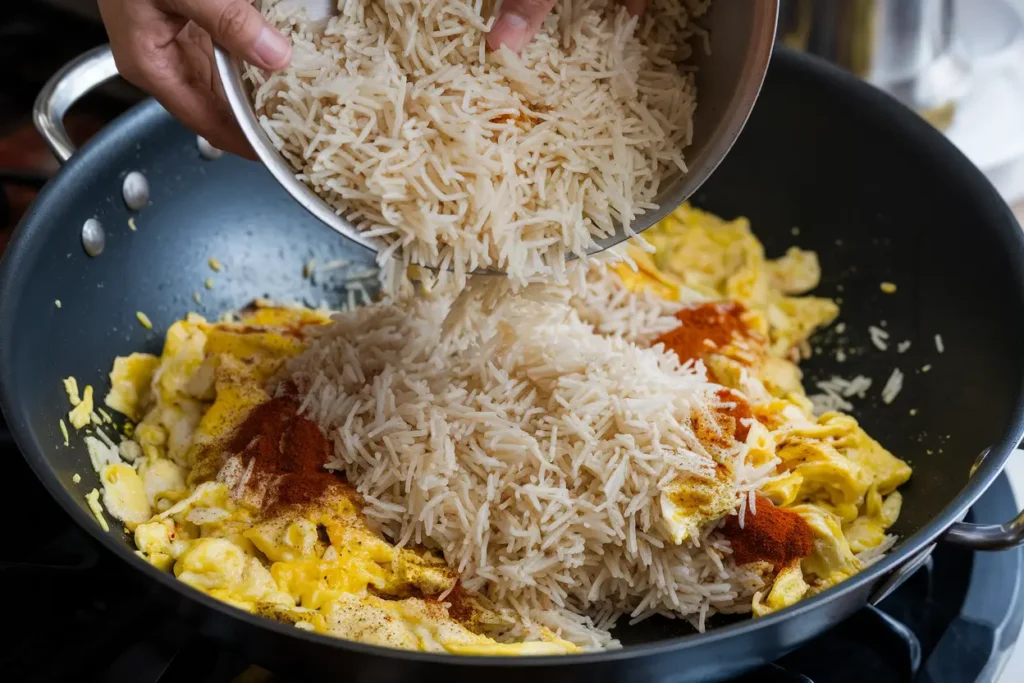 Close-up of Anjappar Egg Fried Rice Recipe with garnishes.