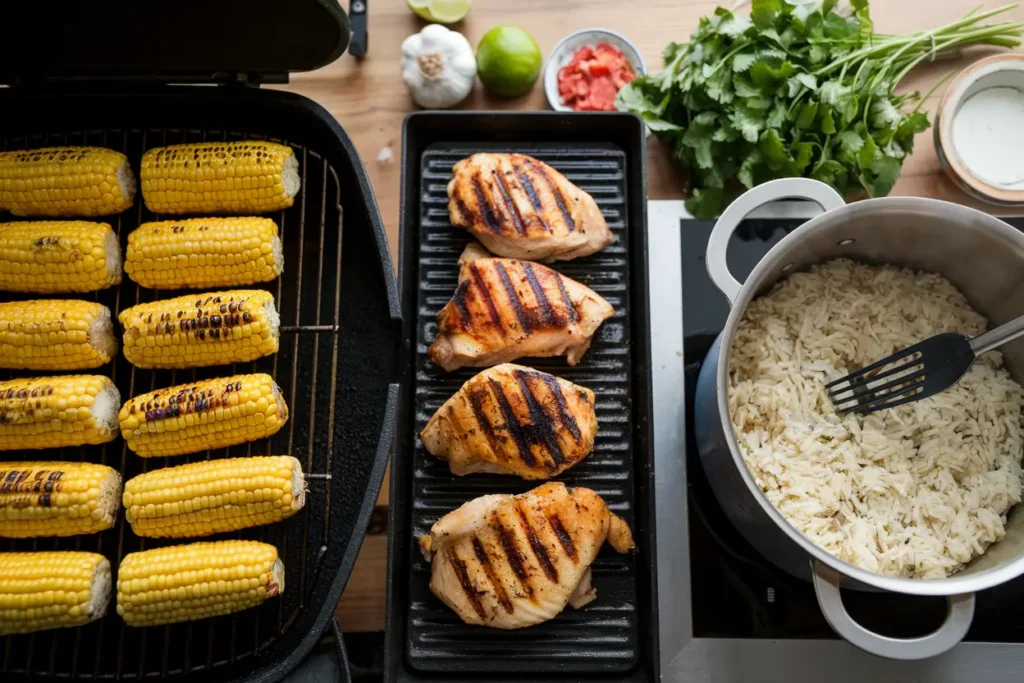 Grilling corn and chicken for a Street Corn Chicken Rice Bowl.