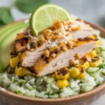 Close-up of a Street Corn Chicken Rice Bowl with grilled chicken, avocado, and lime.