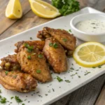 Freshly prepared lemon pepper wings served with dipping sauce and lemon slices on a wooden table