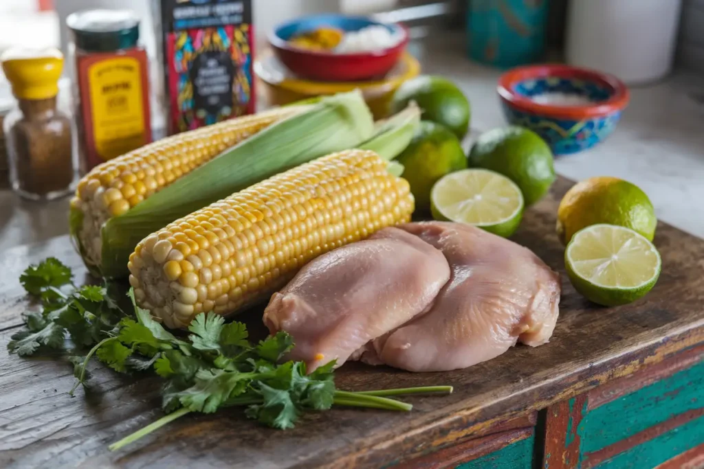 Ingredients for Street Corn Chicken Rice Bowl on a wooden table.