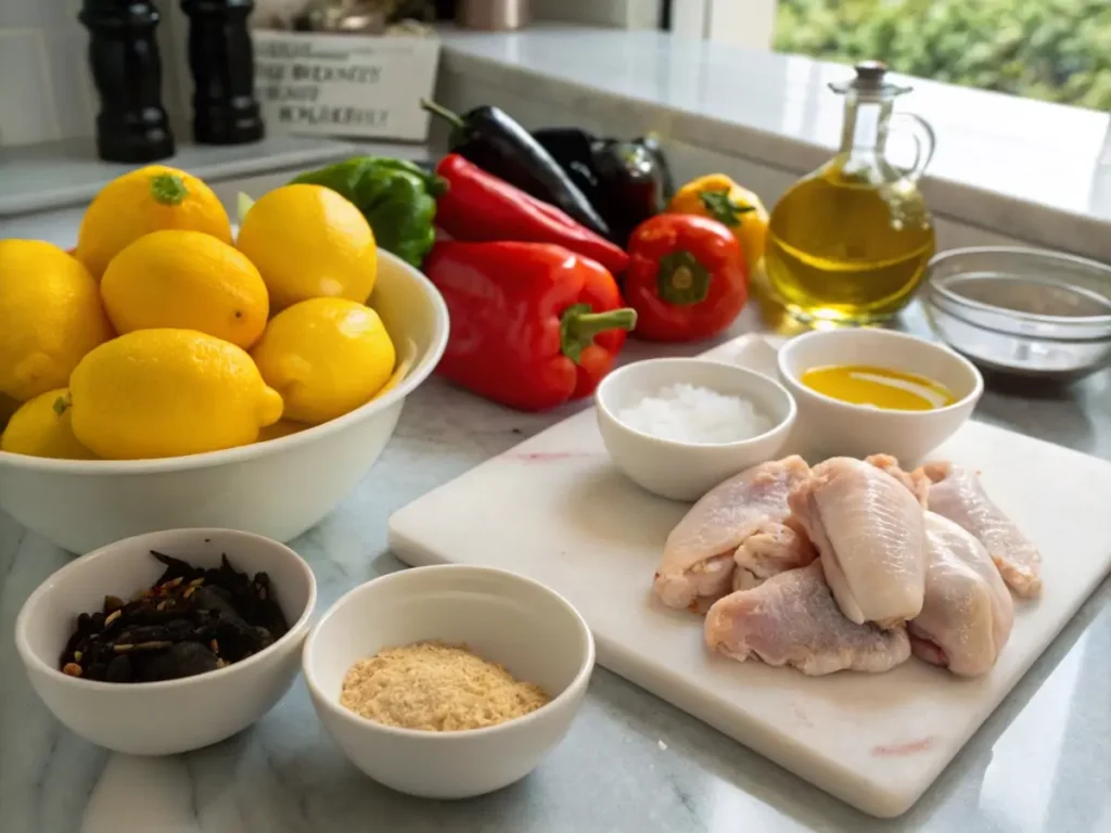 Ingredients for Lemon Pepper Wings including fresh lemons, peppers, and raw chicken on a kitchen countertop