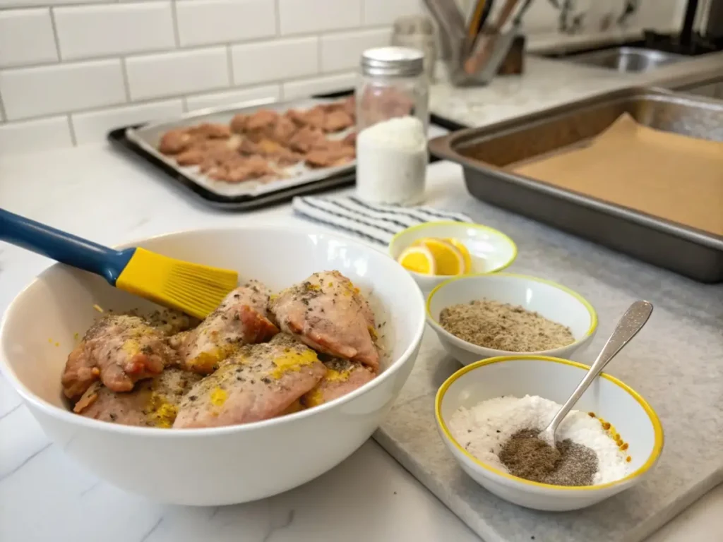 Preparation of Lemon Pepper Wings with seasoning and baking powder on a kitchen counter
