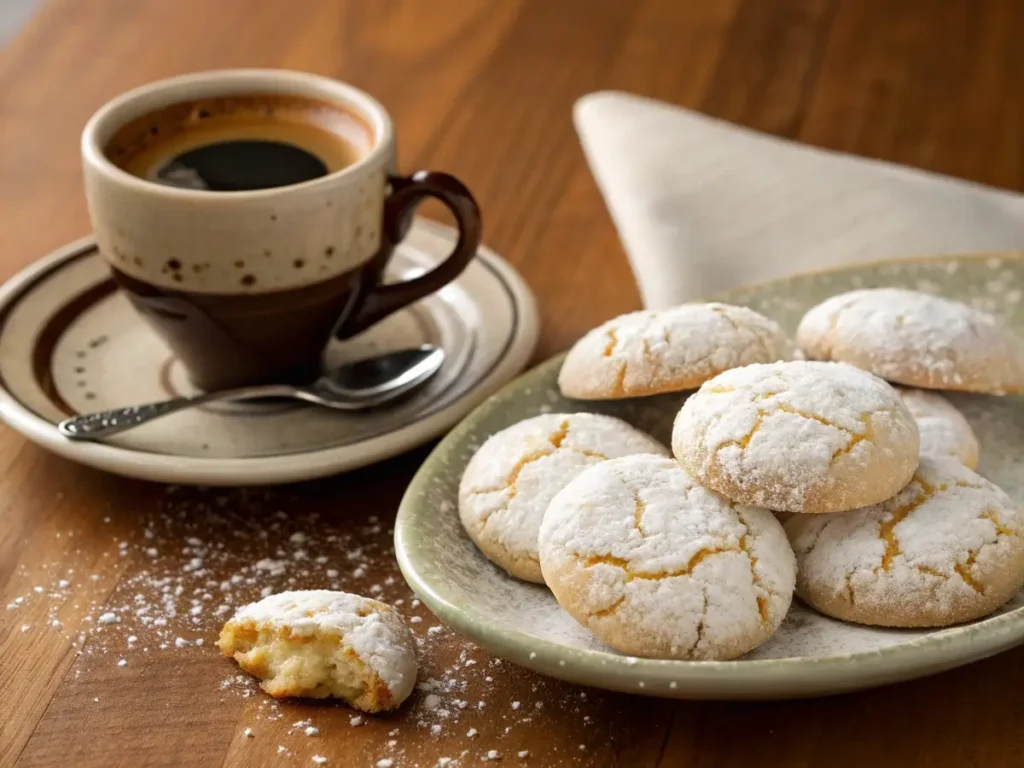 Ricciarelli Honey Recipe cookies dusted with powdered sugar served with a cup of espresso on a wooden table
