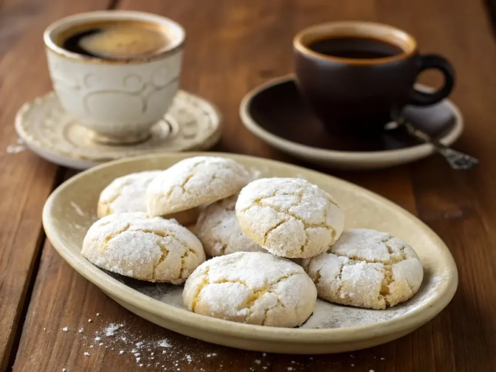 Ricciarelli Honey Recipe cookies served on a ceramic plate with two cups of espresso in the background