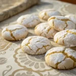 Sunlit Ricciarelli Honey Recipe cookies scattered on an ornately patterned tablecloth, dusted with powdered sugar