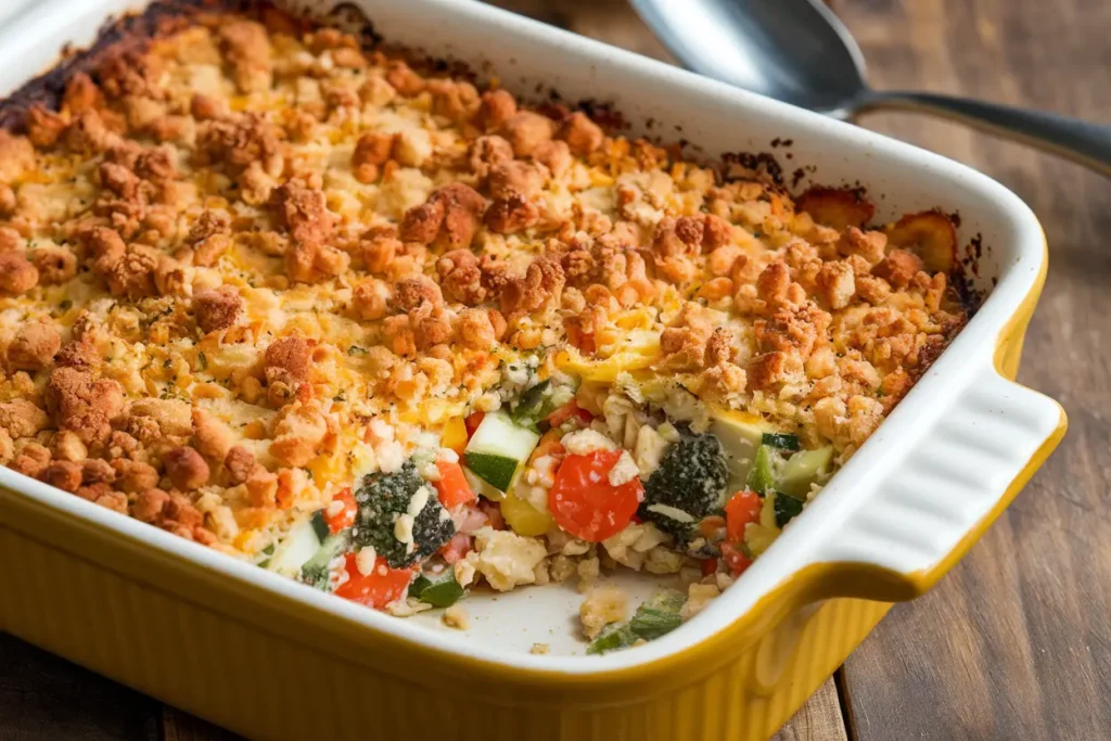 A golden-brown vegetable casserole made with Knorr Vegetable Soup Mix, filled with fresh veggies and a crispy topping.