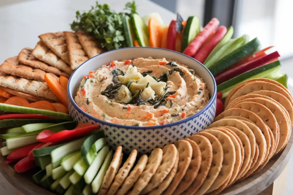 A creamy vegetable dip made with Knorr Vegetable Soup Mix, surrounded by crackers and fresh vegetables.