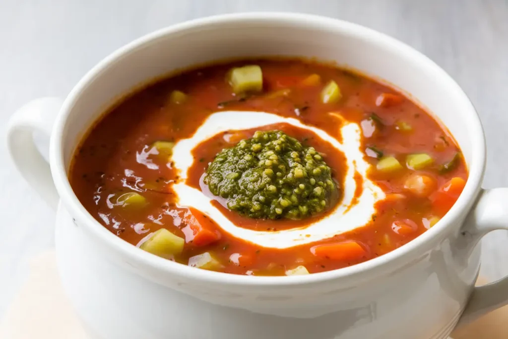 A bowl of vegetable soup made with Knorr Vegetable Soup Mix, garnished with pesto and cream.