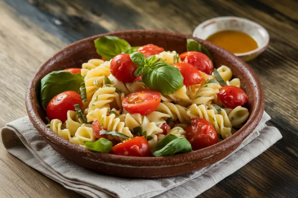 A fresh pasta salad with cherry tomatoes, basil, and a light dressing, enhanced with Knorr Vegetable Soup Mix.
